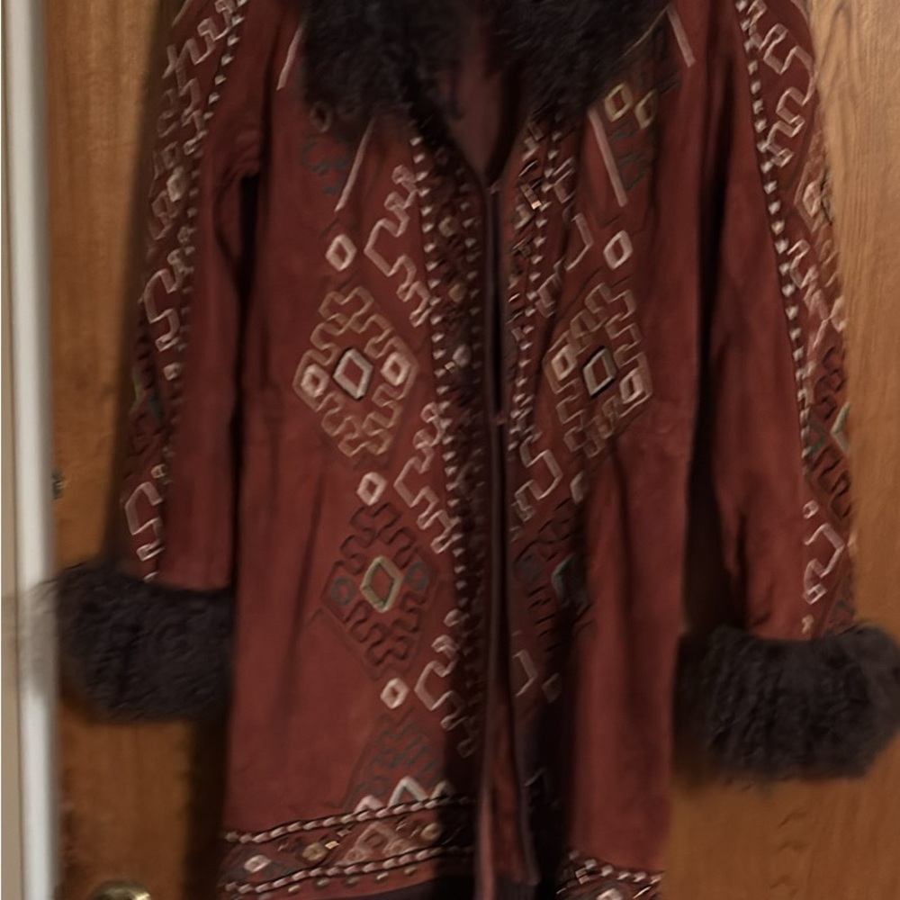 Double D Ranch Brown Geometric Cape with Fur Trim